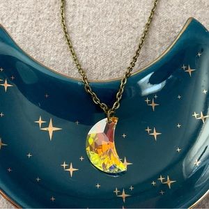 Crescent Moon Pendant Swarovski Crystal AB Moon Necklace Antique Brass Chain